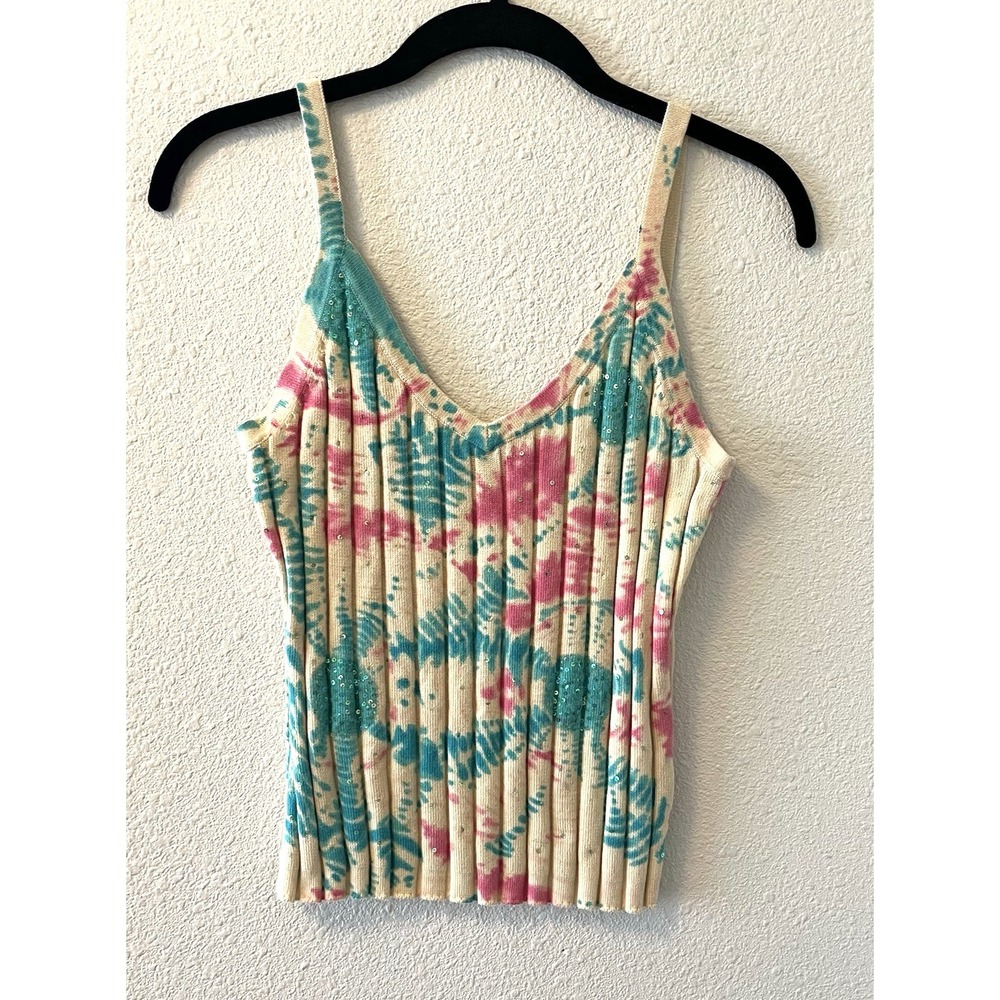 BCBG Maxazria Knit Tank Med Blue Pink Sequin Silk Blend Y2K Fairycore Colorful